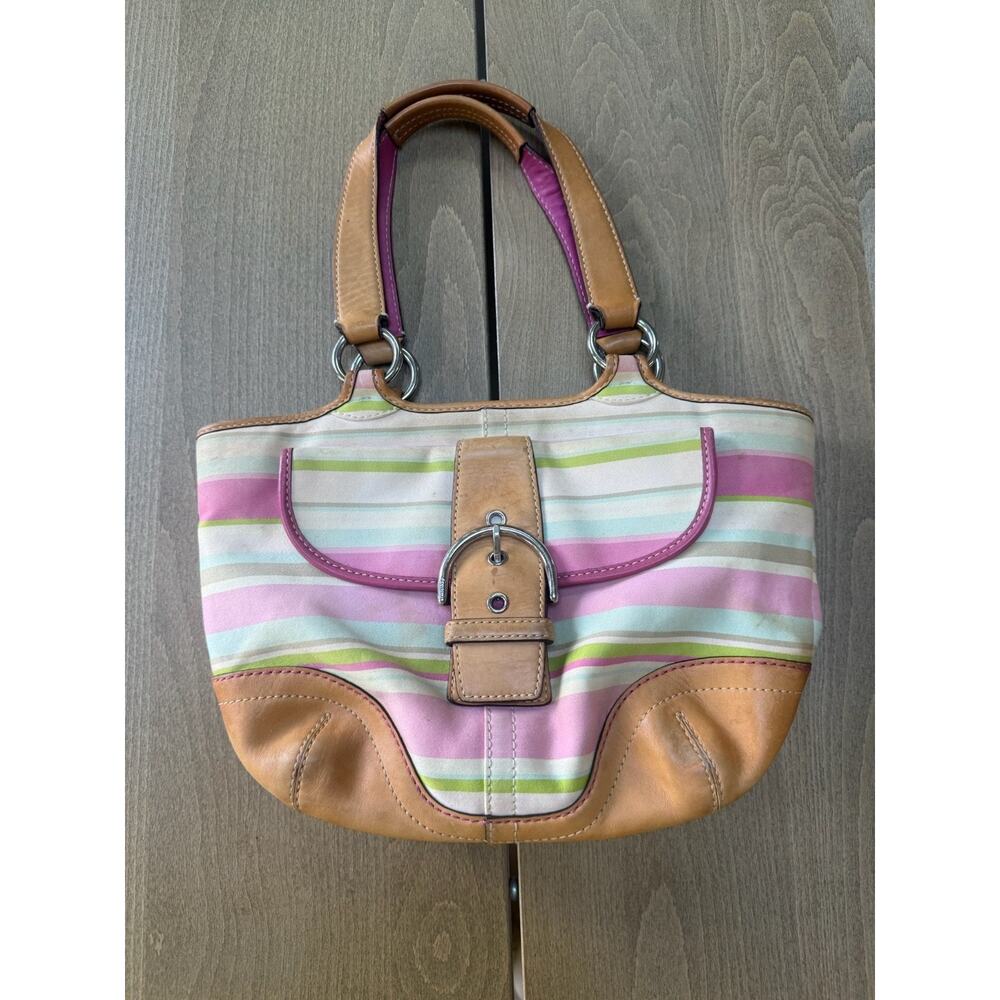 Coach Y2K Hampton Multi-Color Stripe Vachetta Leather Small Tote Bag #1889